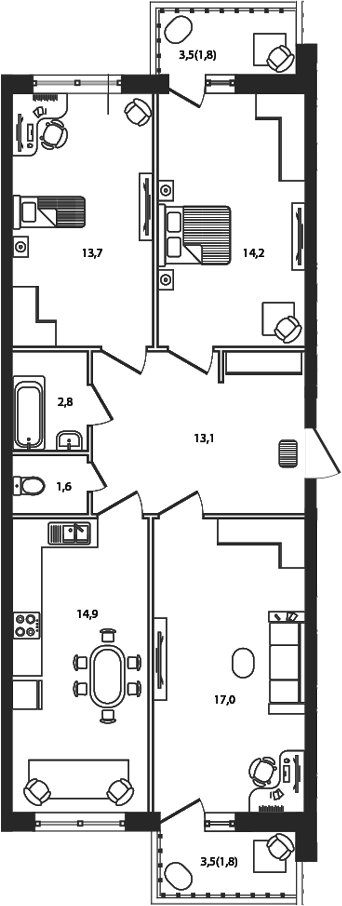 Планировка — Сиреневый бульвар, 3-комн., 77 м²