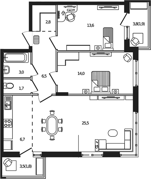 Планировка — Сиреневый бульвар, 3-комн., 74 м²