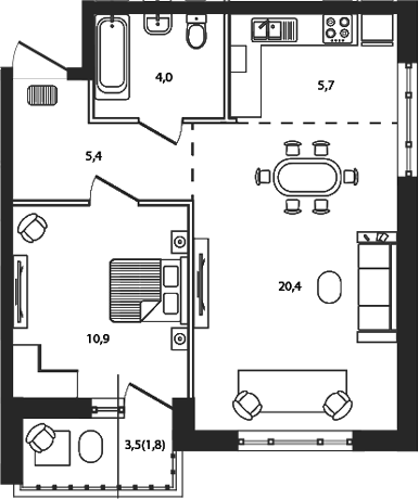 Планировка — Сиреневый бульвар, 2-комн., 46 м²
