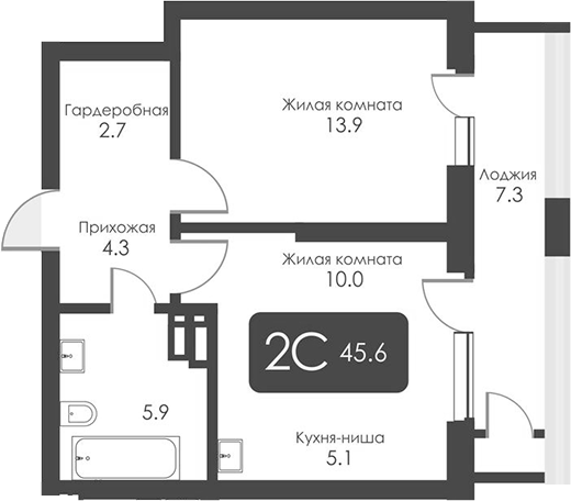 Планировка — Сити Тауэрс, 2-комн., 42 м²