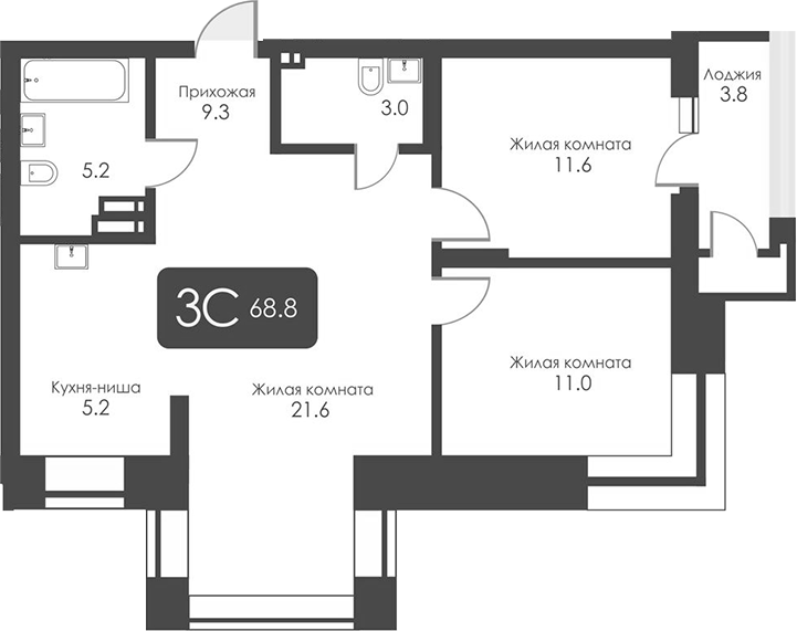 Планировка — Сити Тауэрс, 3-комн., 67 м²