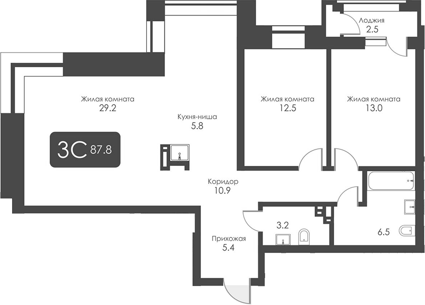 Планировка — Сити Тауэрс, 3-комн., 87 м²