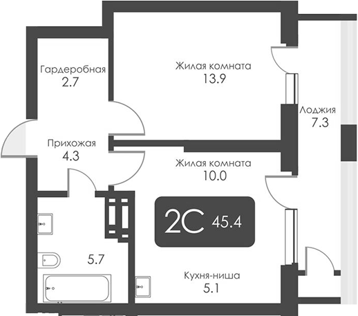 Планировка — Сити Тауэрс, 2-комн., 42 м²