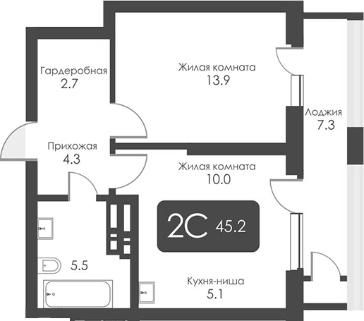 Планировка — Сити Тауэрс, 2-комн., 42 м²