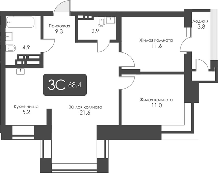 Планировка — Сити Тауэрс, 3-комн., 67 м²