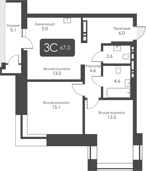 Планировка — Сити Тауэрс, 3-комн., 64 м²
