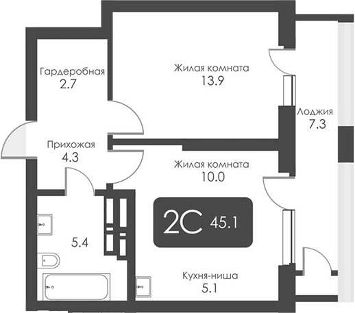 Планировка — Сити Тауэрс, 2-комн., 41 м²