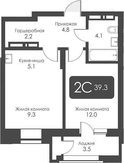 Планировка — Сити Тауэрс, 2-комн., 38 м²