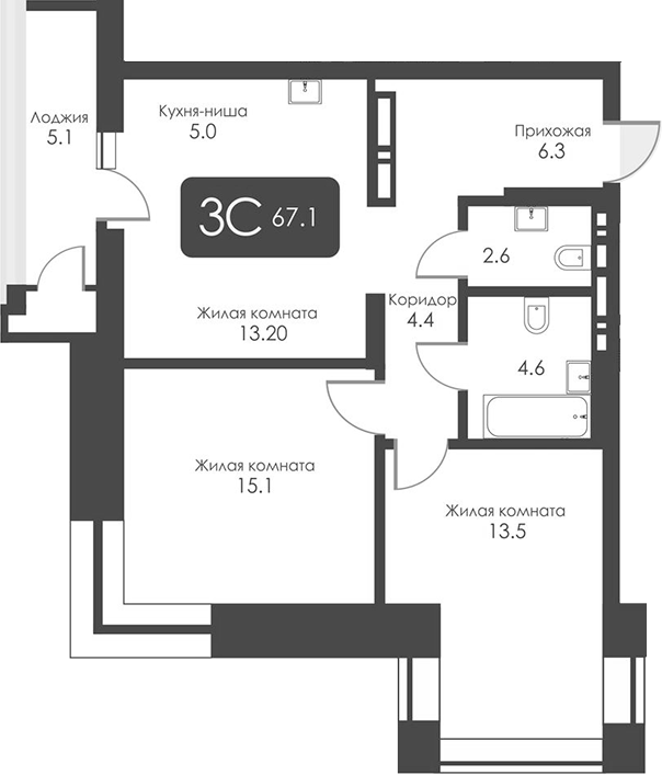 Планировка — Сити Тауэрс, 3-комн., 65 м²