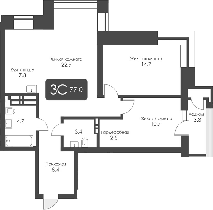 Планировка — Сити Тауэрс, 3-комн., 75 м²