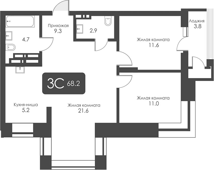 Планировка — Сити Тауэрс, 3-комн., 66 м²