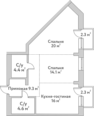 Планировка — Flora&Fauna, 3-комн., 68 м²