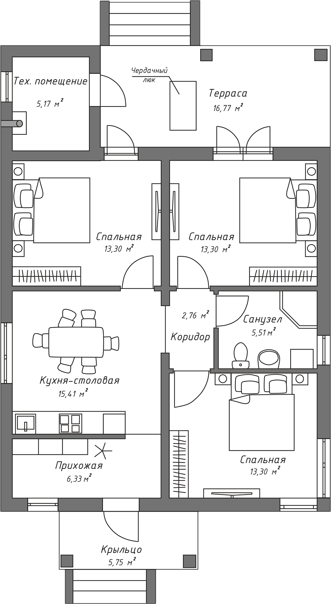 Планировка — Коттеджный поселок Гефест, 3-комн., 80 м²