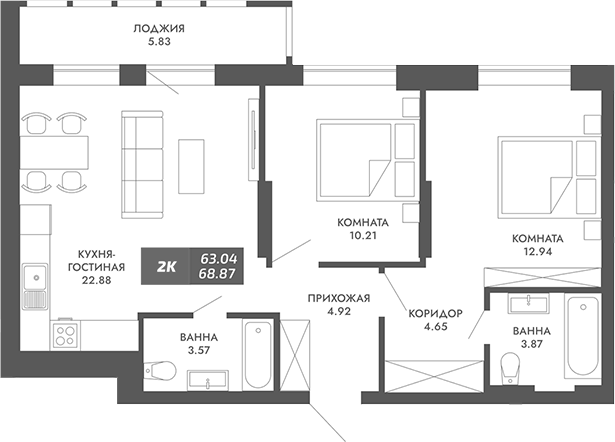 Планировка — Звезда, 2-комн., 63 м²