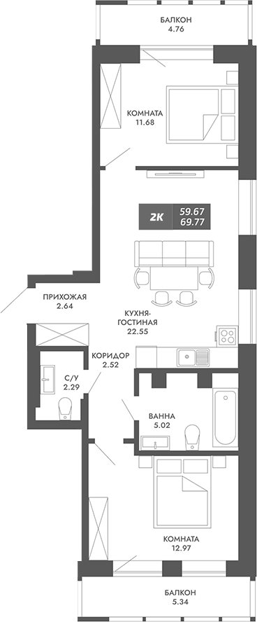 Планировка — Звезда, 2-комн., 60 м²