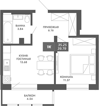 Планировка — Звезда, 1-комн., 35 м²