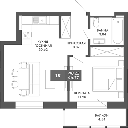 Планировка — Звезда, 1-комн., 40 м²
