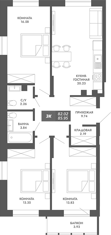 Планировка — Звезда, 3-комн., 82 м²