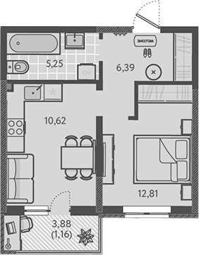 Планировка — Теплые края, 1-комн., 35 м²