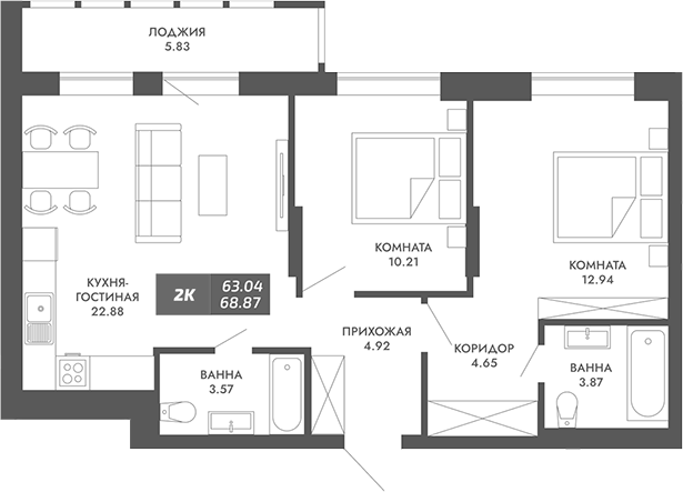 Планировка — Звезда, 2-комн., 63 м²
