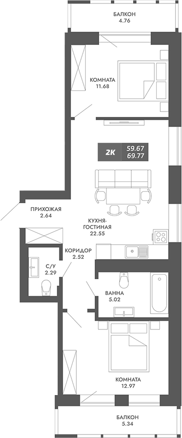 Планировка — Звезда, 2-комн., 60 м²