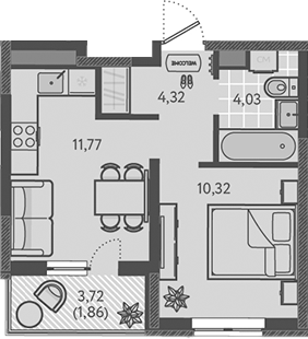 Планировка — Теплые края, 1-комн., 30 м²