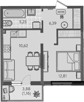 Планировка — Теплые края, 1-комн., 35 м²