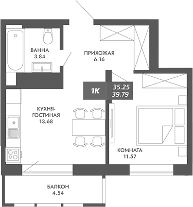 Планировка — Звезда, 1-комн., 35 м²