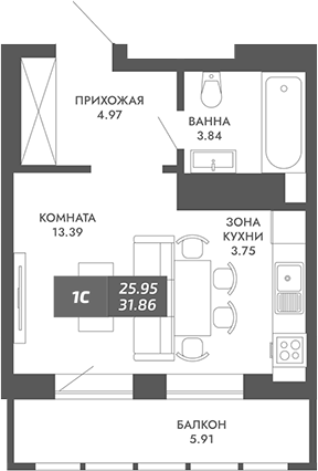 Планировка — Звезда, Студия, 26 м²