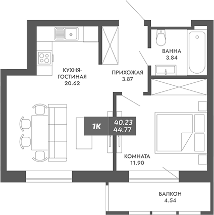 Планировка — Звезда, 1-комн., 40 м²