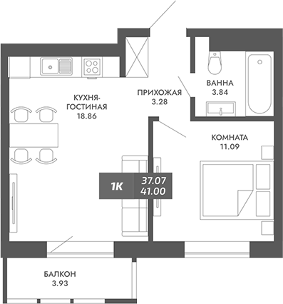 Планировка — Звезда, 1-комн., 37 м²