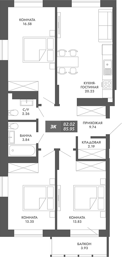 Планировка — Звезда, 3-комн., 82 м²