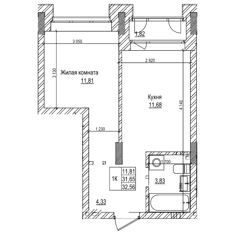 Планировка — Комсомольский проспект, 1-комн., 32 м²