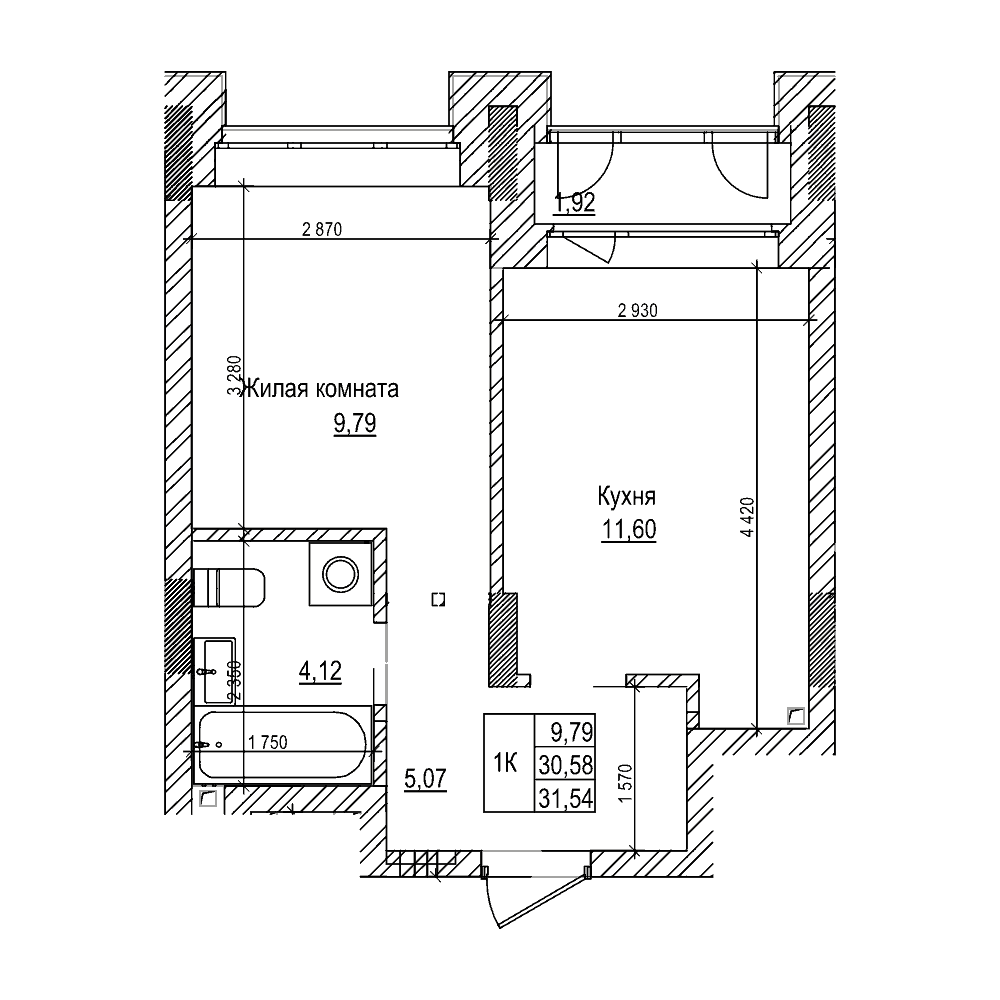 Планировка — Комсомольский проспект, 1-комн., 31 м²