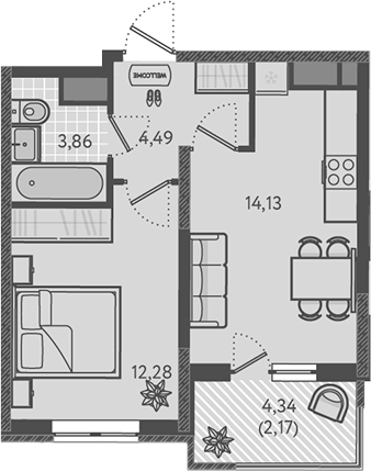 Планировка — Теплые края, 1-комн., 35 м²
