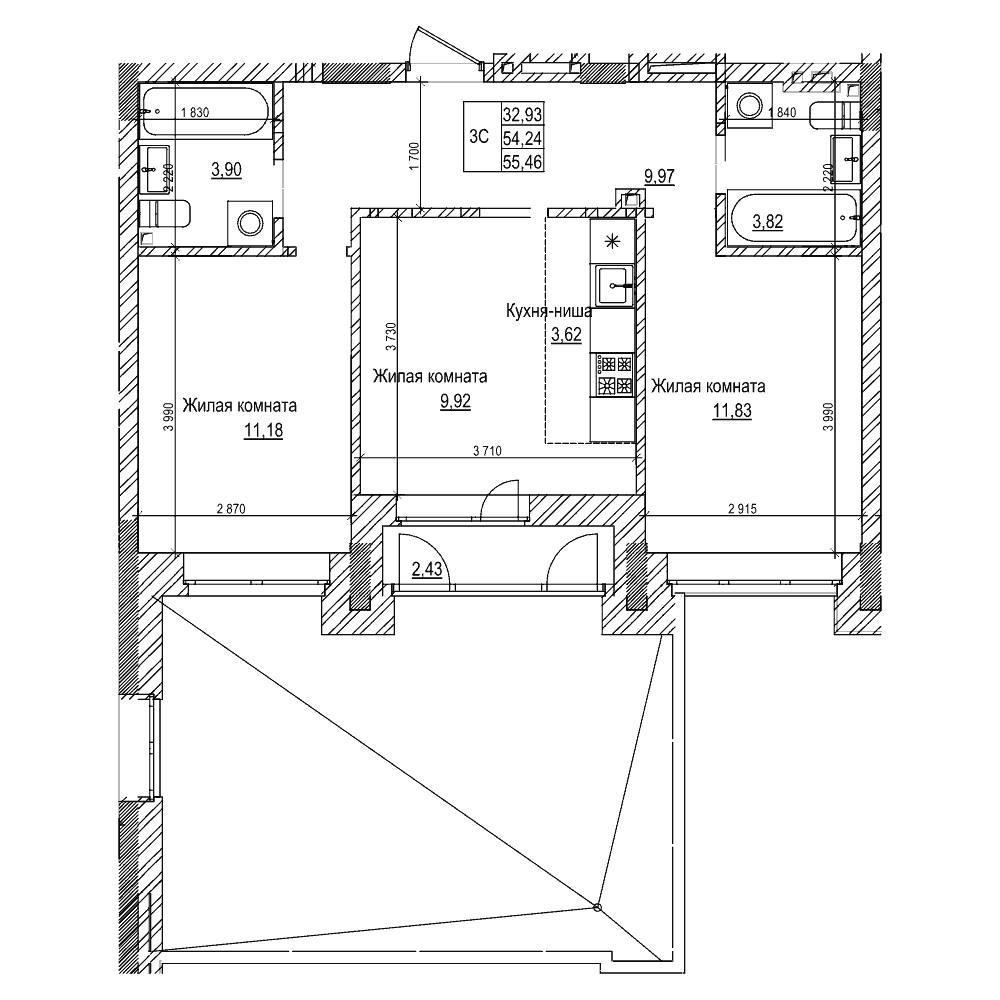 Планировка — Комсомольский проспект, 3-комн., 54 м²