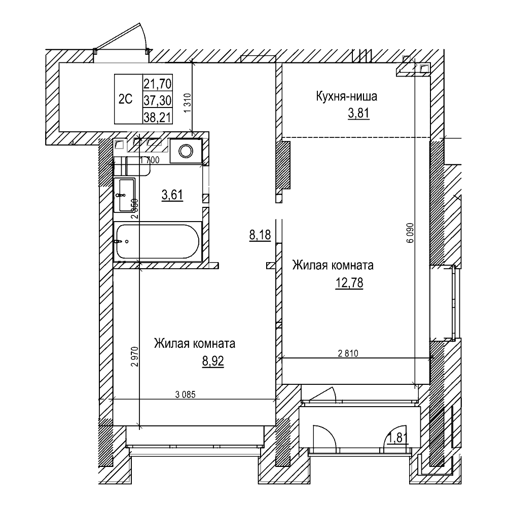 Планировка — Комсомольский проспект, 2-комн., 37 м²