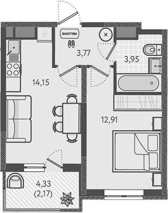 Планировка — Теплые края, 1-комн., 35 м²