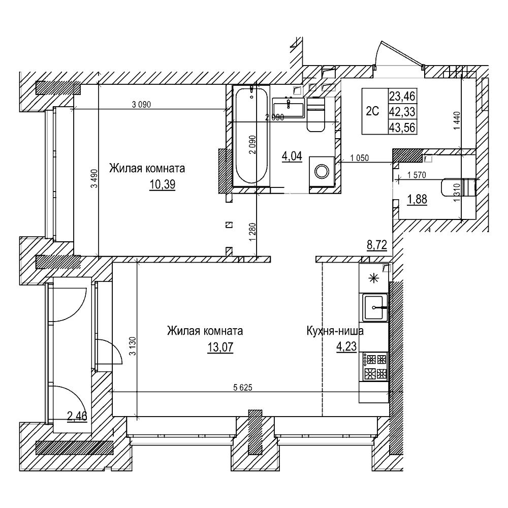 Планировка — Комсомольский проспект, 2-комн., 42 м²