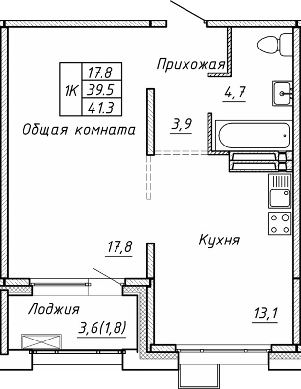 Планировка — Гренландия, 1-комн., 40 м²