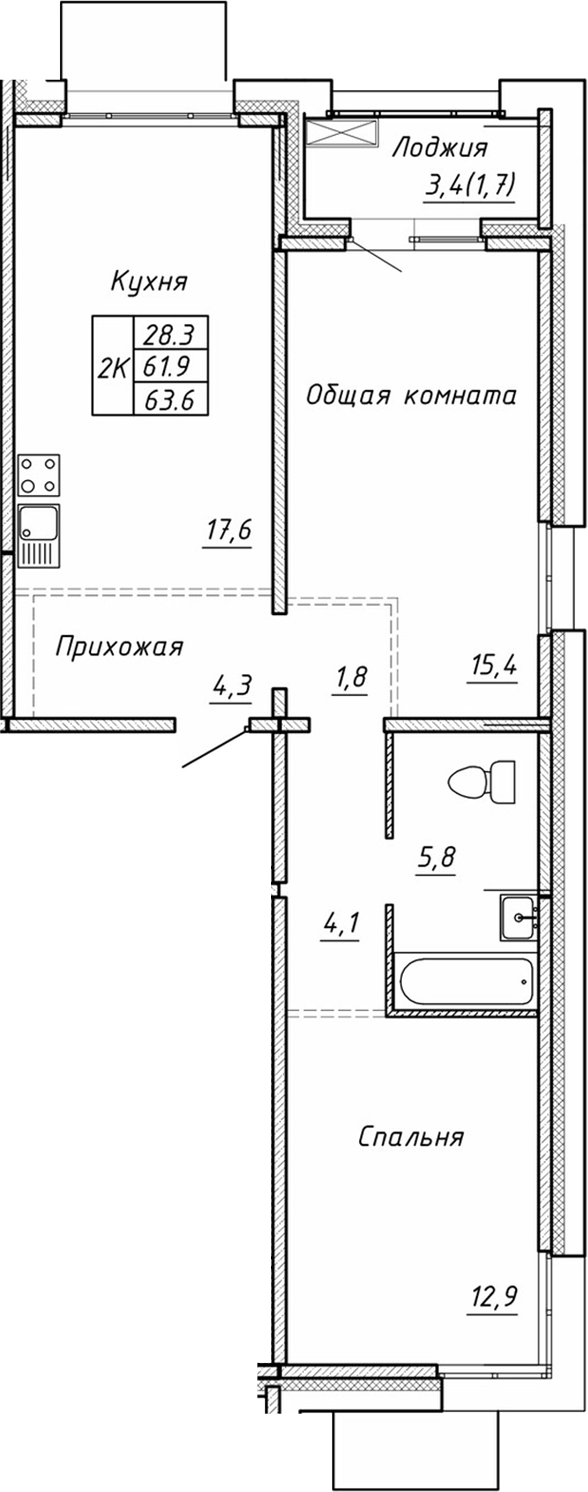 Планировка — Гренландия, 2-комн., 62 м²