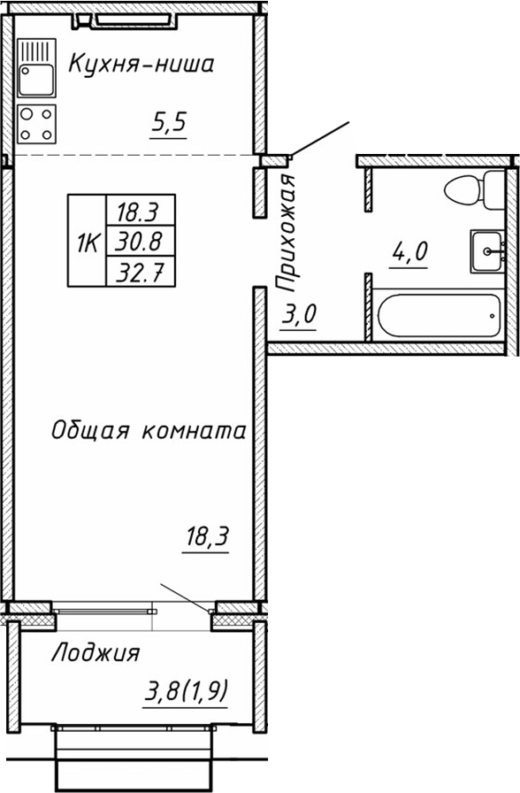 Планировка — Гренландия, Студия, 31 м²