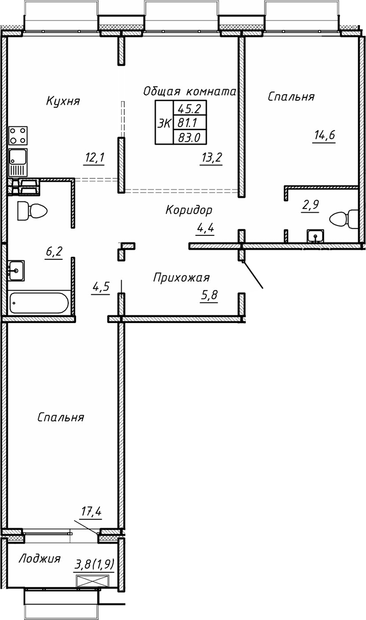 Планировка — Гренландия, 3-комн., 81 м²