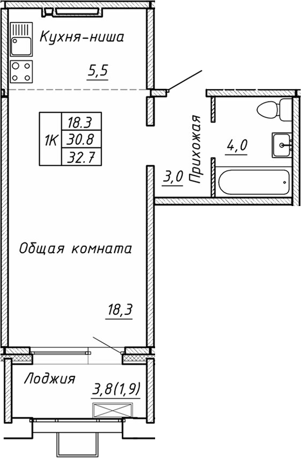 Планировка — Гренландия, Студия, 31 м²