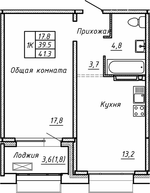 Планировка — Гренландия, 1-комн., 40 м²