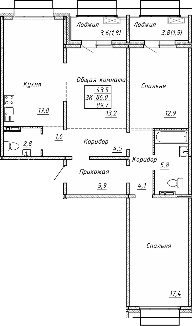 Планировка — Гренландия, 3-комн., 86 м²