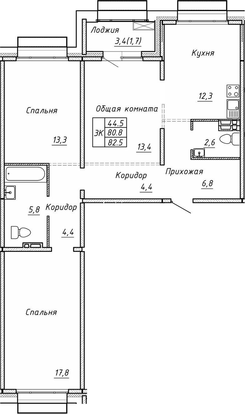 Планировка — Гренландия, 3-комн., 81 м²