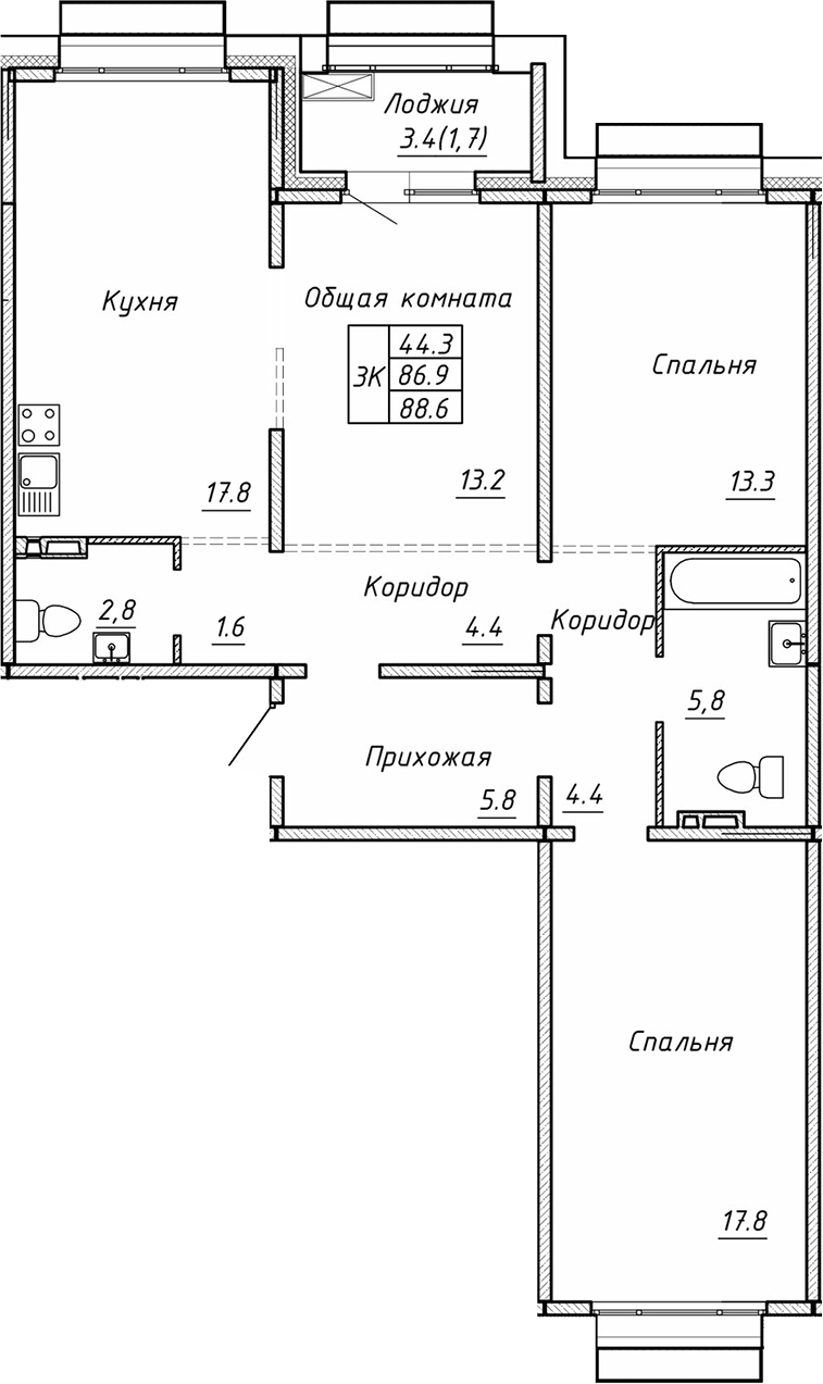Планировка — Гренландия, 3-комн., 87 м²