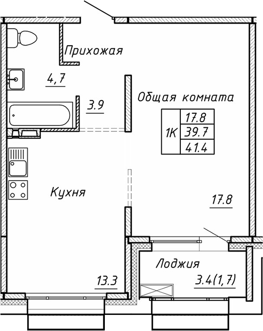 Планировка — Гренландия, 1-комн., 40 м²