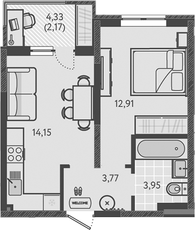 Планировка — Теплые края, 1-комн., 35 м²